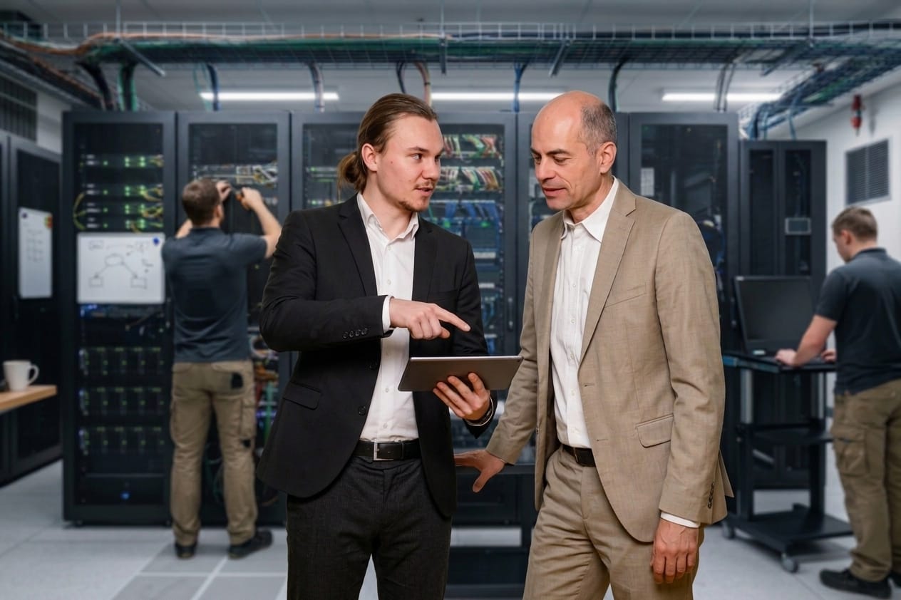 Jonas Heschl und Bernhard Mayr im Serverraum, im Hintergrund zwei Techniker an den Racks