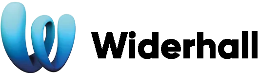 Ein geschwungen, blaues, dreidimensionales W mit dem schwarzen Schriftzug 'Widerhall' rechts daneben